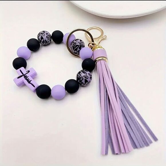 3 for $26 - Purple & Blacl FAITH Wristlet Bracelet Keychain - Picture 4 of 4